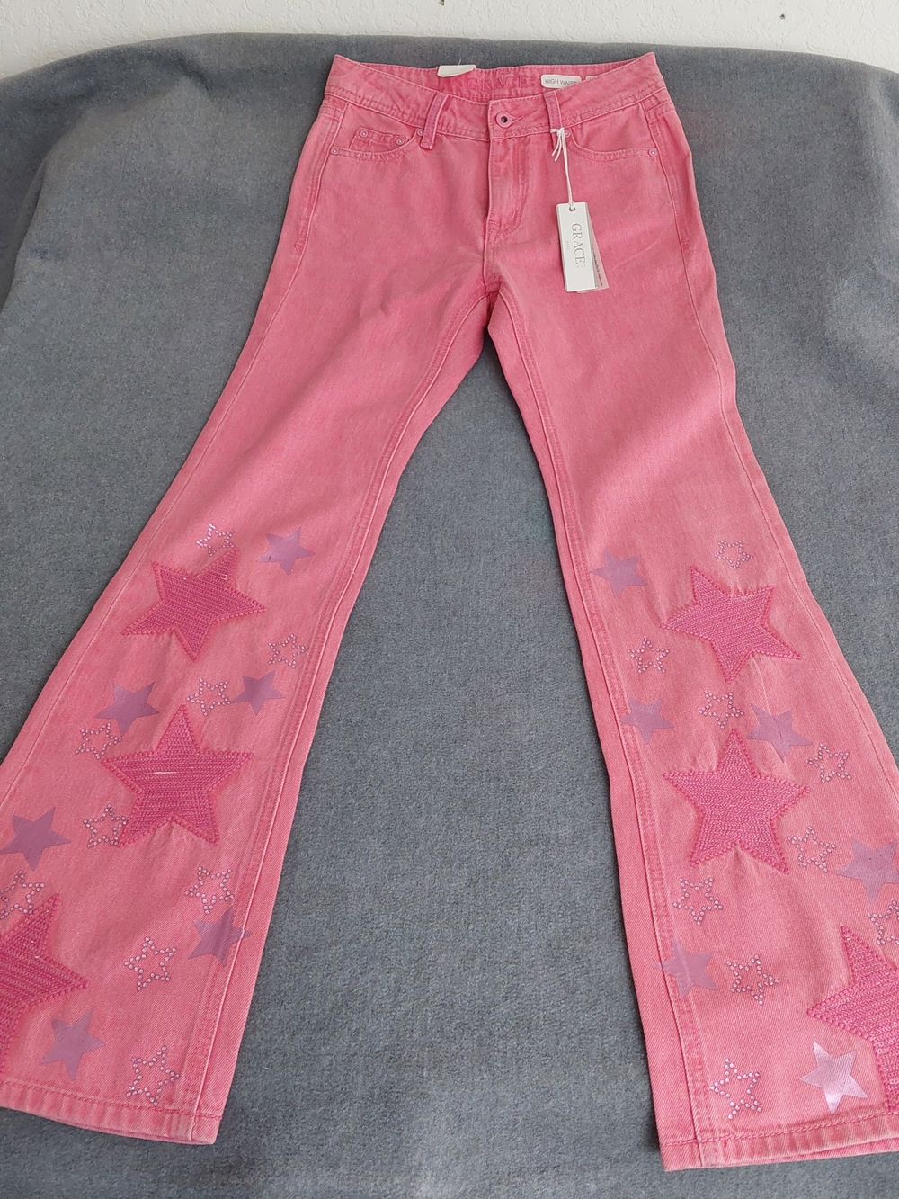 Grace in LA Pink Star Sequin Flare Jeans Women Size 25 High Waist Embellished - Picture 2 of 11